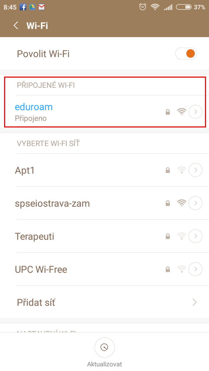 Eduroam - nastavení v Android 09